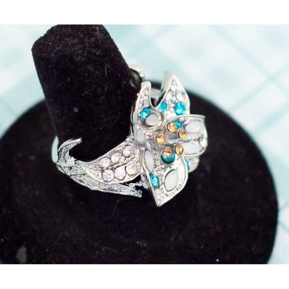 Art Nouveau Floral Multiple Rhinestone Ring - Size 7 1/2 - L4 - Picture 2 of 3